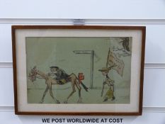 A possibly suffragette interest watercolour of a gentleman on a horse with a lady following