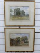 A pair of Suffolk watercolours, one depicting a farm scene the other trees and distant cattle,