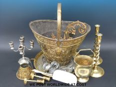 A quantity of brass and other metalware to include coal scuttle, hollow twist candlestick,