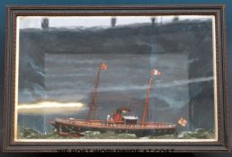 A framed marine diorama of a steamship at sea (38 x 56cm x approximately 16cm deep)