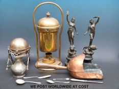 A pair of Spelter figures, brass warming jug, silver plated items,