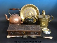 A carved box, a Toleware tea caddy, a silver and copper inlaid tray,