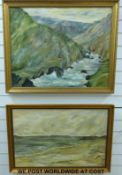 Two framed oil paintings, one a seascape the other mountains and river,