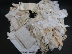 A quantity of 19thC linen and lace, remnants, off cuts,