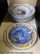 Nine Spode Lyon pattern soup plates, Spode Blue Italian,