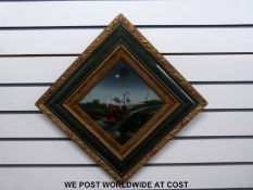 A pair of framed paintings on glass of steam trains (height 59cm overall)