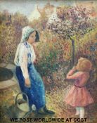 Oil on canvas of lady leaning on a well with tree and cottage beyond,