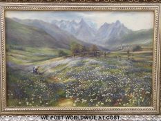 Oil on canvas of flower pickers in an Alpine valley,