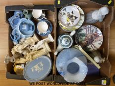 Two boxes of mixed china including Wedgwood Jasperware and Nao figures.