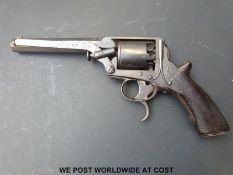 Tranter 54 bore self-cocking hammer action five shot revolver with chequered grip,