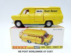 Dinky Toys diecast model Ford 'Hertz'' Transit Van, 407, with yellow body, blue baseplate,