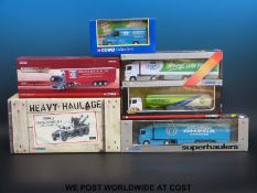 Six Corgi diecast model vehicles including 1:50 scale Heavy Haulage Scammell Contract Wrecker Eddie