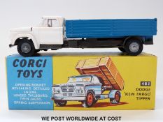 Corgi Toys diecast model Dodge 'Kew Fargo' Tipper, 483, with white cab, blue tipper and cast hubs,