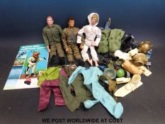 Three Action Man figures together with various accessories and booklets