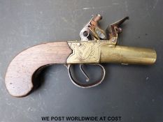 Clark, London brass framed flintlock hammer-action pocket pistol with named and engraved lock,