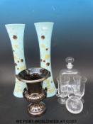 A pair of milk glass vases, Dartington decanter posy vase,