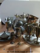 A quantity of silver plate together with metal ice bucket, cocktail shaker,