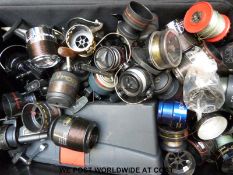A large collection of modern fishing tackle to include Shakespear seat box, rod holdall,