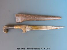 An Eastern horn-handled knife in leather sheath