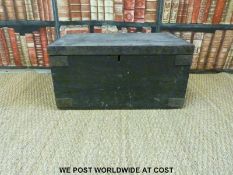 A metal bound wooden strongbox/ travelling trunk with candle box (W61 D50 H51)