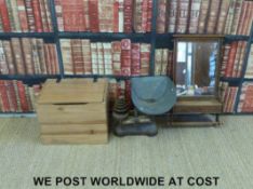 A set of shop scales and weights and a pine box