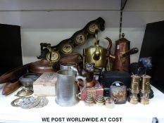 A collection of items including a cased surveyor's level, brass and copperware,