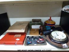 A collection of various items to include Roberts radio, shove halfpenny board, dominoes, binoculars,