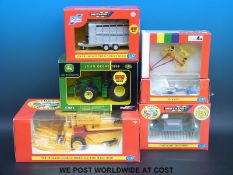 Six Britains 1:32 scale model farm vehicles, New Holland combine harvester 9571, John Deere 7820,