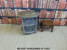 A small oak/elm stool and a wicker and limed wood table (diameter 60cm)