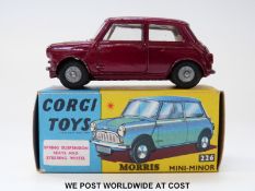 Corgi Toys diecast model Morris Mini-Minor, 226, with metallic maroon body and lemon interior,