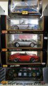 Five Maisto 1:18 and 1:24 scale diecast model Porsche sports cars, three special edition,