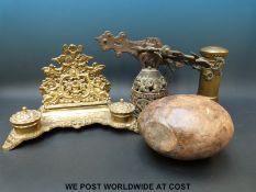 A brass desk stand, Post Office money box formed as a letter box,