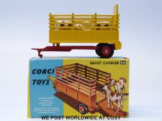 Corgi Toys diecast model Beast Carrier, 58, with yellow body, red chassis and hubs, four calves,