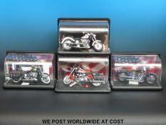 Four Franklin Mint diecast model Harley Davidson motorbikes, 1999 Road King, 1998 Fat Boy,