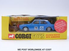 Corgi Toys diecast model Hillman Hunter Rally, 302, with blue body, white roof, matte black bonnet,