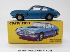 Corgi Toys diecast model Lancia Fulvia Sport Zagato, 332, with metallic blue body and cast hubs,