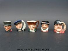 Five Royal Doulton character jugs including Beefeater, Gone Away, Capt.
