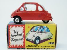 Corgi Toys diecast model Heinkel Trojan Economy Car, 233, with red body and lemon interior,