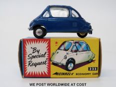 Corgi Toys diecast model Heinkel Trojan Economy Car, 233, with dark blue body and lemon interior,