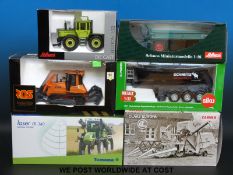 Six diecast model agricultural vehicles to include two by Schuco, Claas Europa 1958, Laser PR340,
