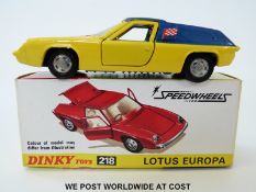 Dinky Toys diecast model Lotus Europa, 218, with yellow body, blue roof and side panels,