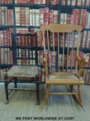 A rocking chair and an oak rush-seated chair