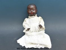 Armand Marseille bisque headed black doll with weighted brown eyes, open mouth,