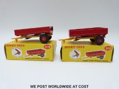 Two Dinky Toys diecast model Weeks Farm Trailers (Tipping), 319, with yellow chasis,