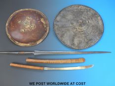 A Japanese Sampan Samurai sword in bound bamboo sheath together with a Masai spear,