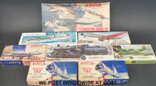 Eight Airfix model kits comprising Sunderland III, 2 x Bristol 192, Heron, IL-2 Stormovik,