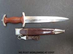 A WWII Nazi German SA dagger in scabbard with hanger and motto to blade 'Alles for Deutschland' and