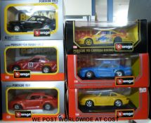 Six Burago 1:24 scale diecast model Porsche sports cars, all in original boxes.