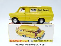 Dinky Toys diecast model Ford 'Hertz'' Transit Van, 407, with yellow body, blue baseplate,