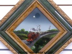 A pair of framed paintings on glass of steam trains (height 59cm overall)